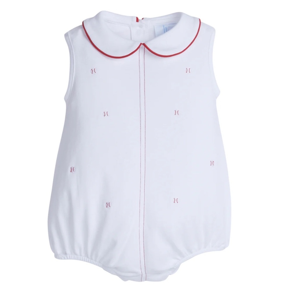 Little English Embroidered Peter Pan Bubble - Baseball 12 month